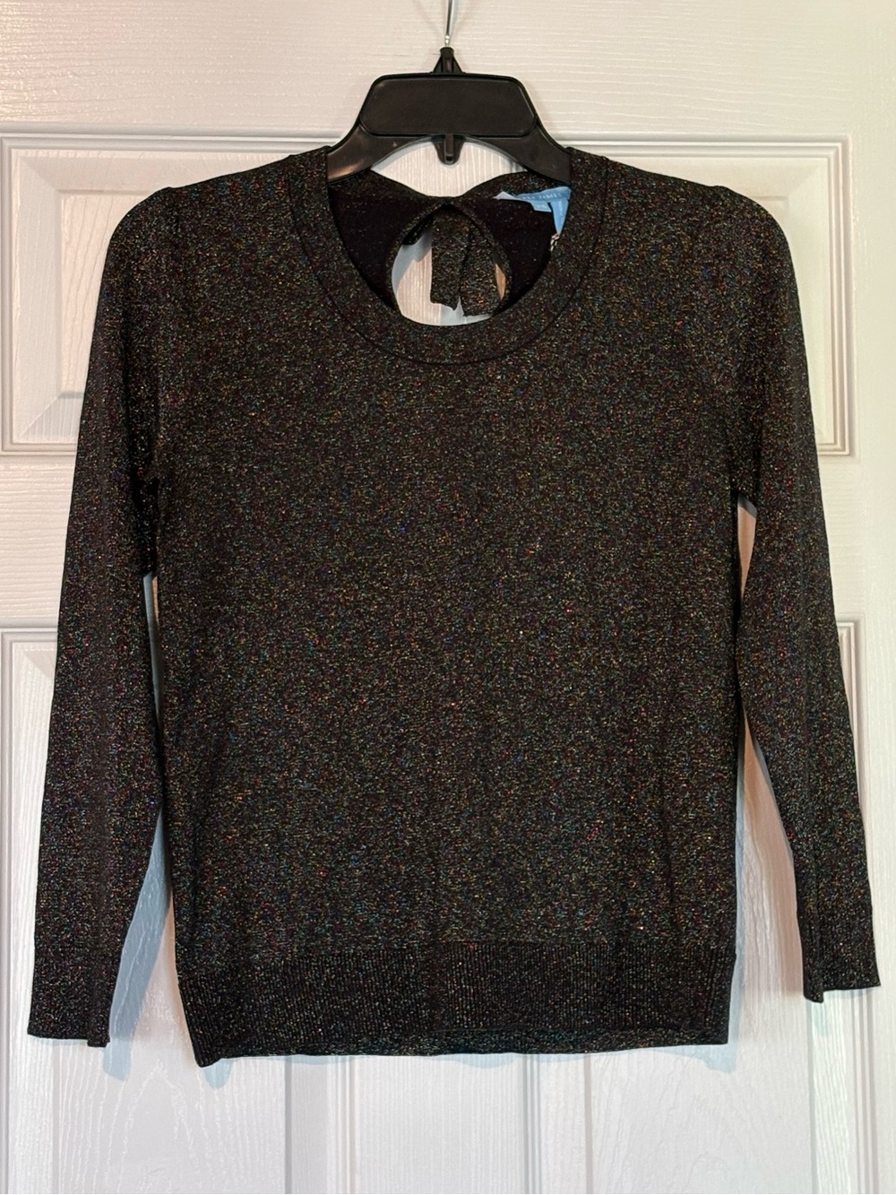 Draper James Black Sparkle Crewneck Sweater with Bow-back Keyhole